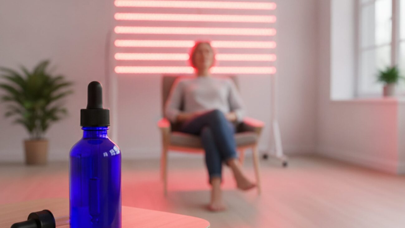 Žena koristi terapiju crvenom svetlošću pored bočice metilen plavog u biohaking studiju