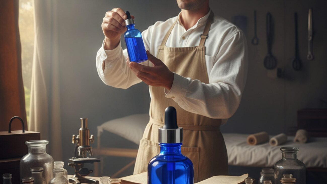 Lekar drži bočicu intenzivno plavog metilen plavog pored starih laboratorijskih instrumenata u vojnom lazaretu