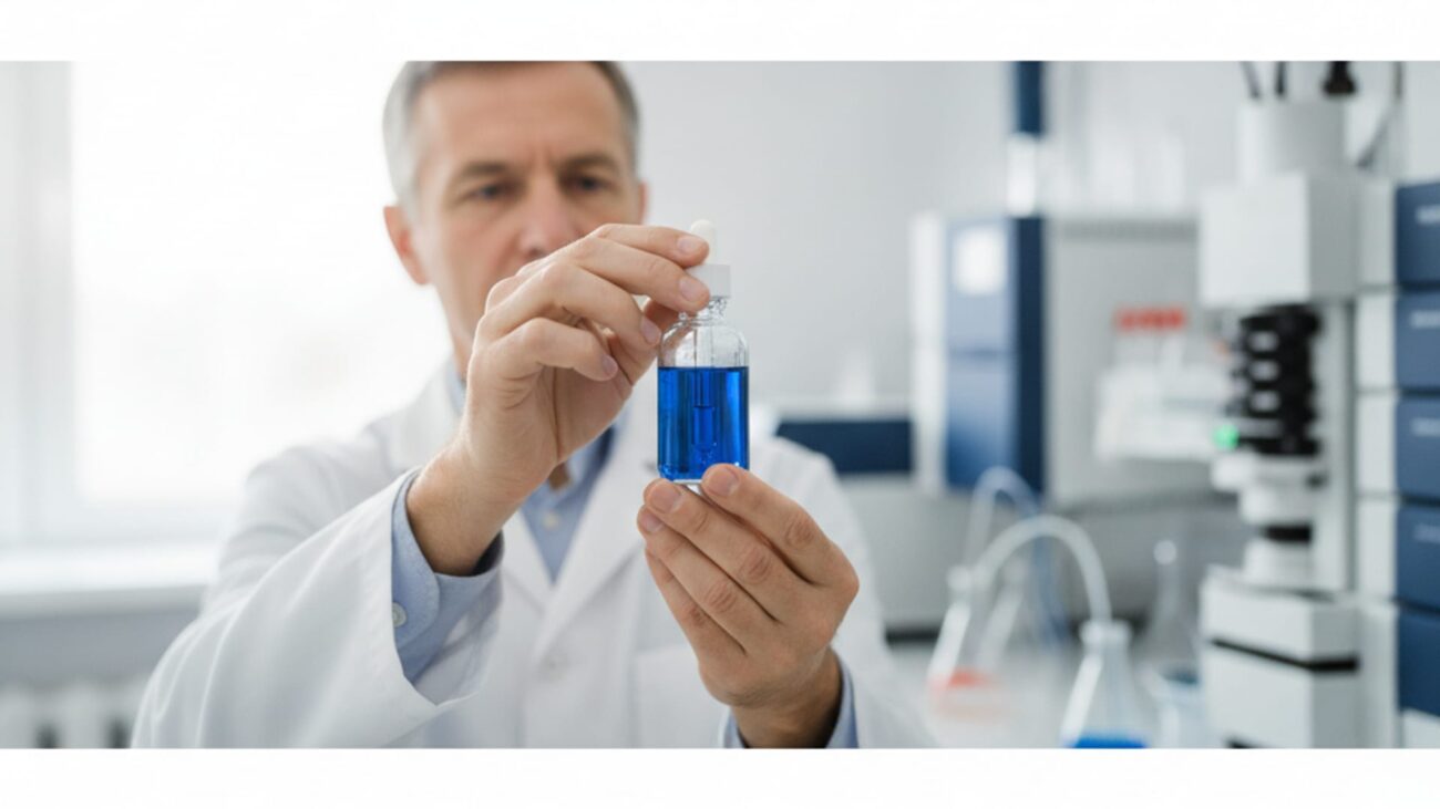 Laboratorijski tehničar proverava čistoću uzorka intenzivno plavog metilen plavog u farmaceutskoj laboratoriji