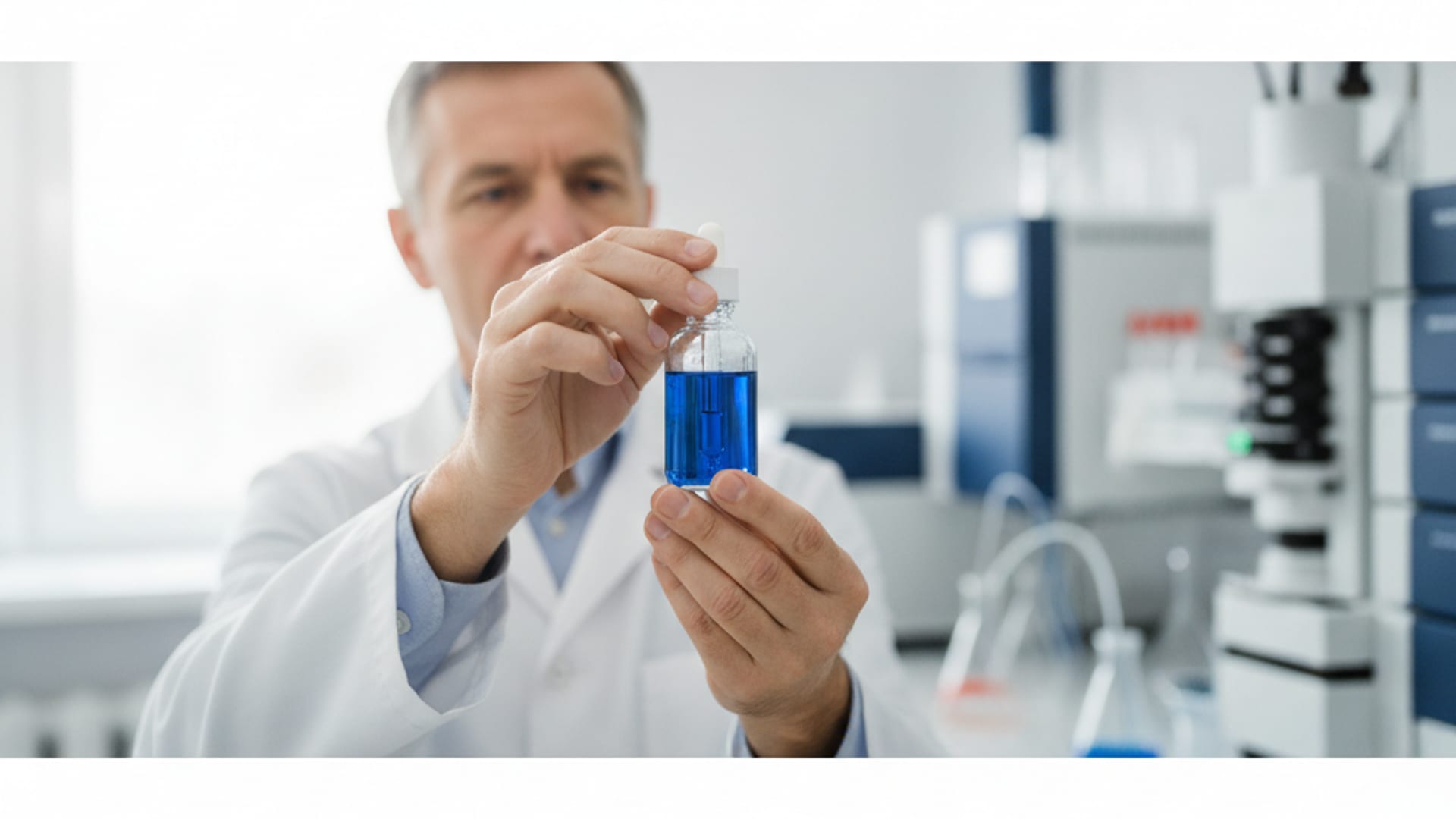 Laboratorijski tehničar proverava čistoću uzorka intenzivno plavog metilen plavog u farmaceutskoj laboratoriji