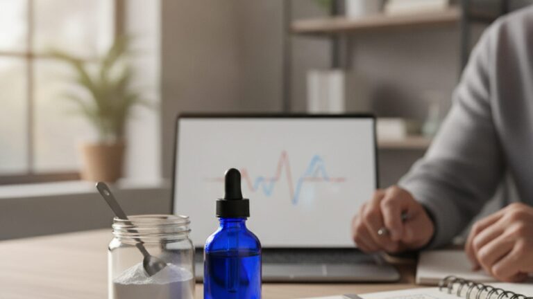 Bočica plavog metilen plavog i posuda sa kreatin prahom na radnom stolu za biohaking