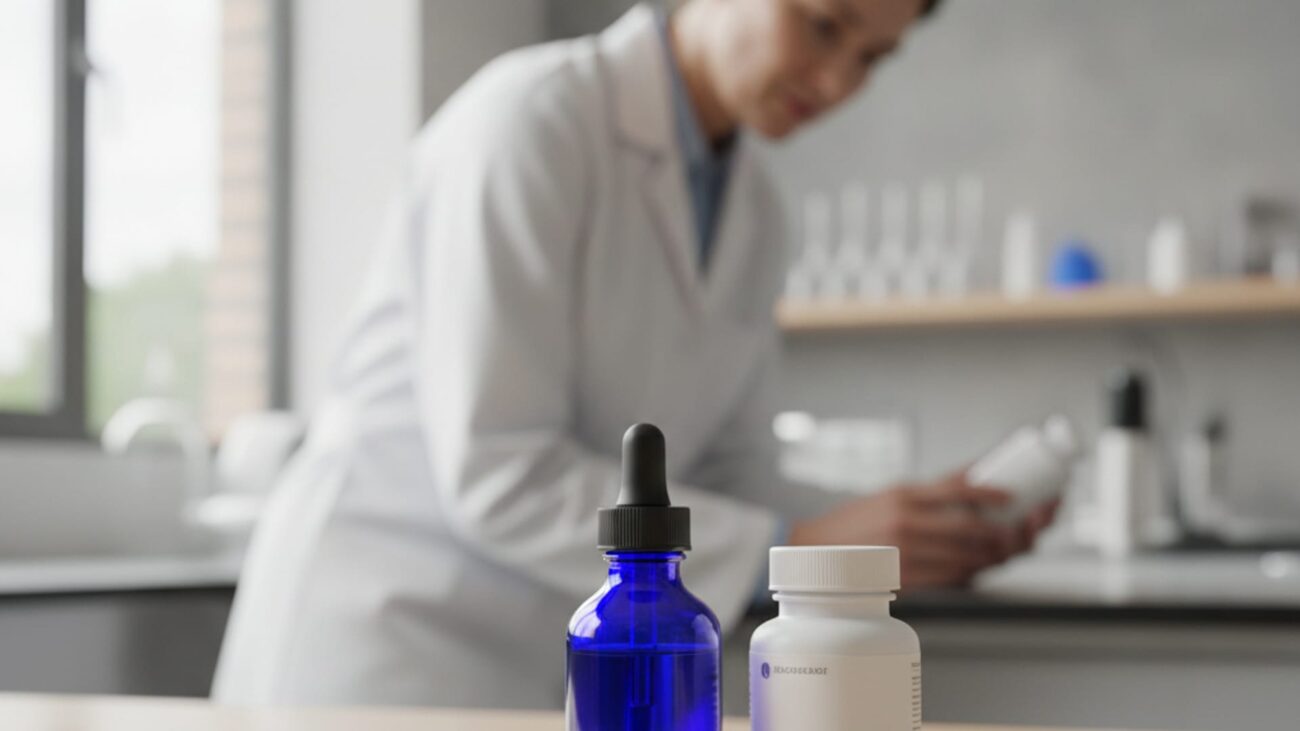 Poređenje bočice metilen plavog i kapsula koenzima Q10 na radnom stolu u biohaking ambijentu