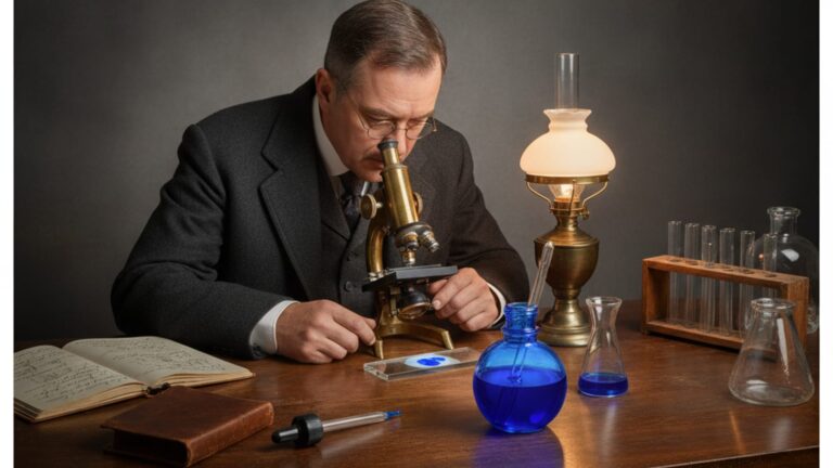 Naučnik posmatra kroz mikroskop uzorak ćelija obojen metilen plavim u istorijskoj laboratoriji