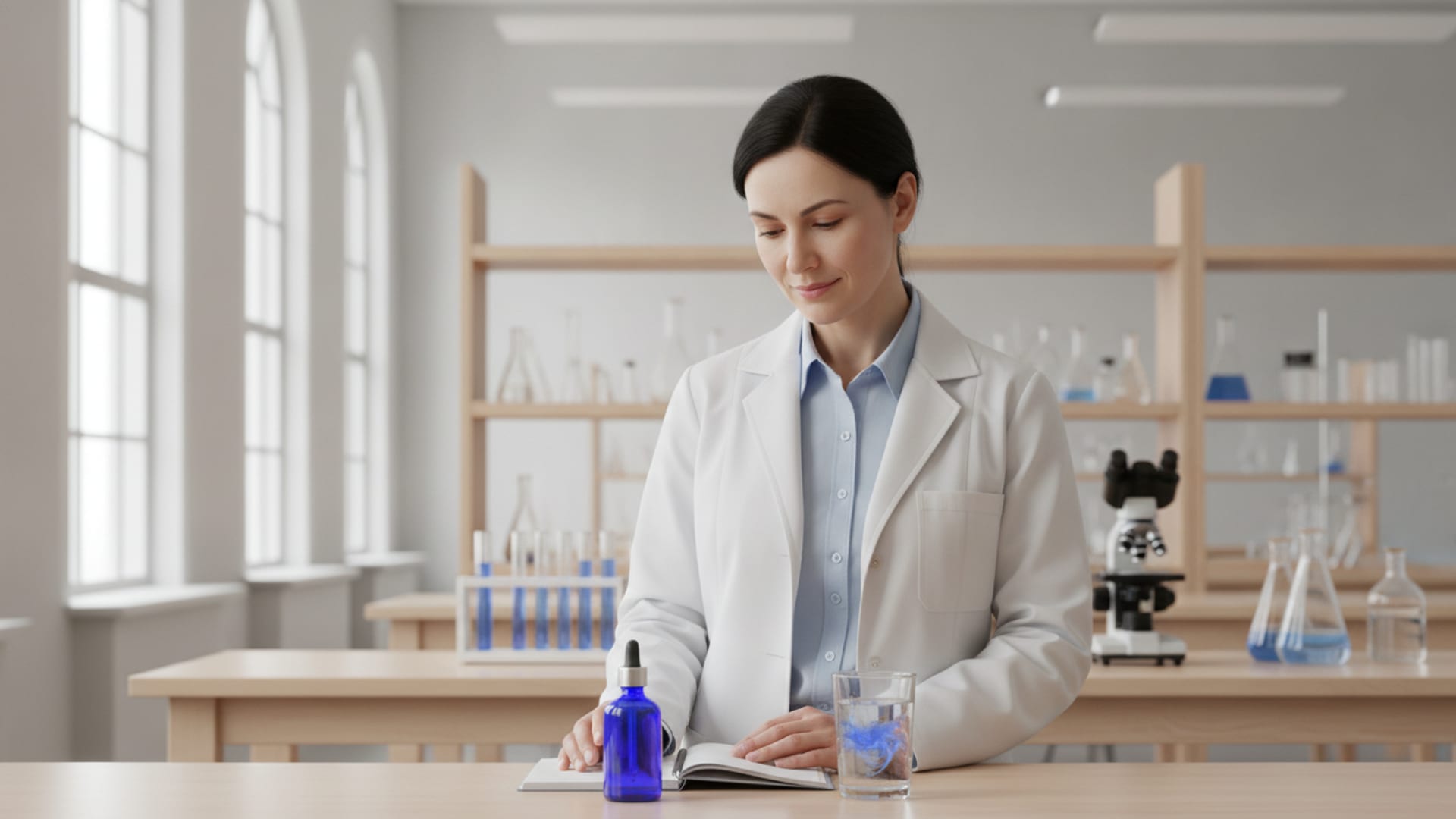 Naučnica u univerzitetskoj laboratoriji pored male bočice sa plavim rastvorom i čaše vode