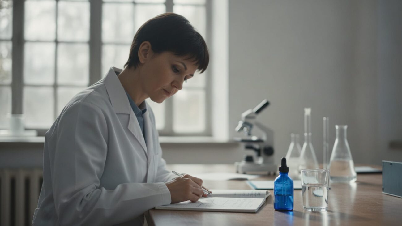 Istraživačica u laboratoriji beleži krivu odnosa doze i odgovora, a pored nje su plava bočica sa kapaljkom i čaša vode