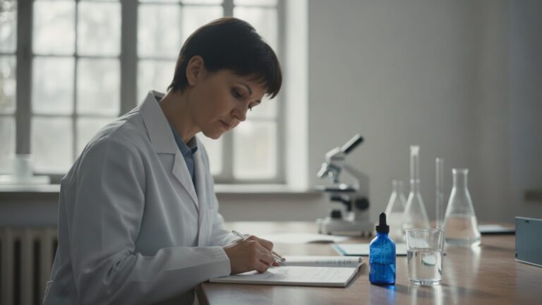 Istraživačica u laboratoriji beleži krivu odnosa doze i odgovora, a pored nje su plava bočica sa kapaljkom i čaša vode